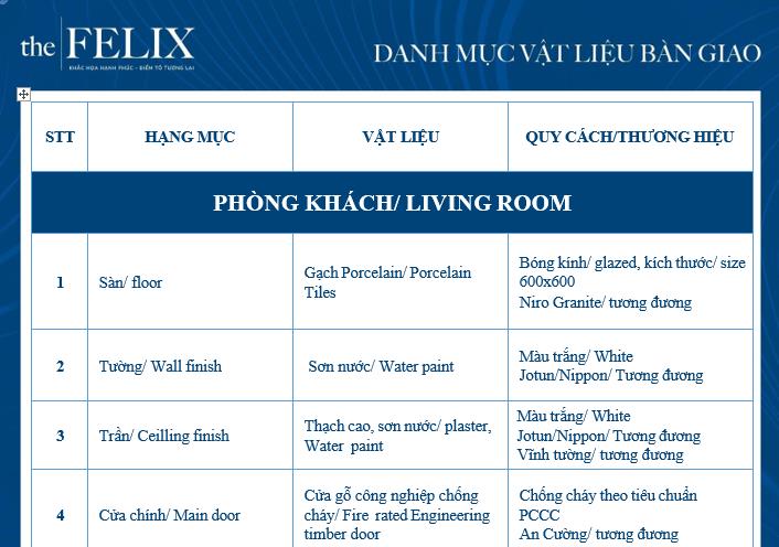 Vật liệu bàn giao căn hộ The Felix