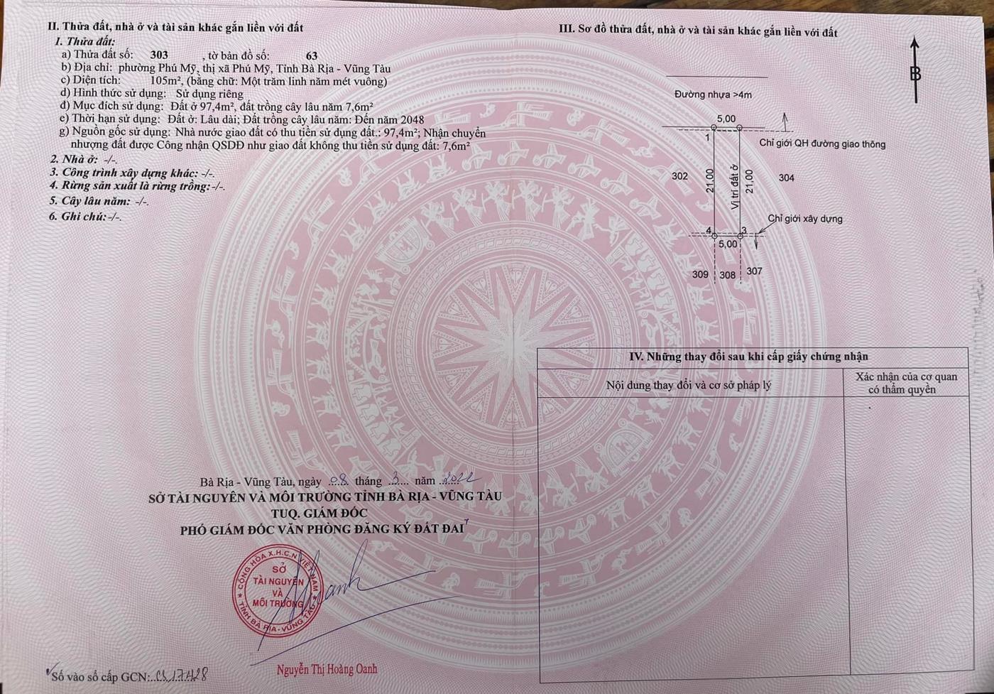 Sổ đất đường Nguyễn Huệ Phú Mỹ